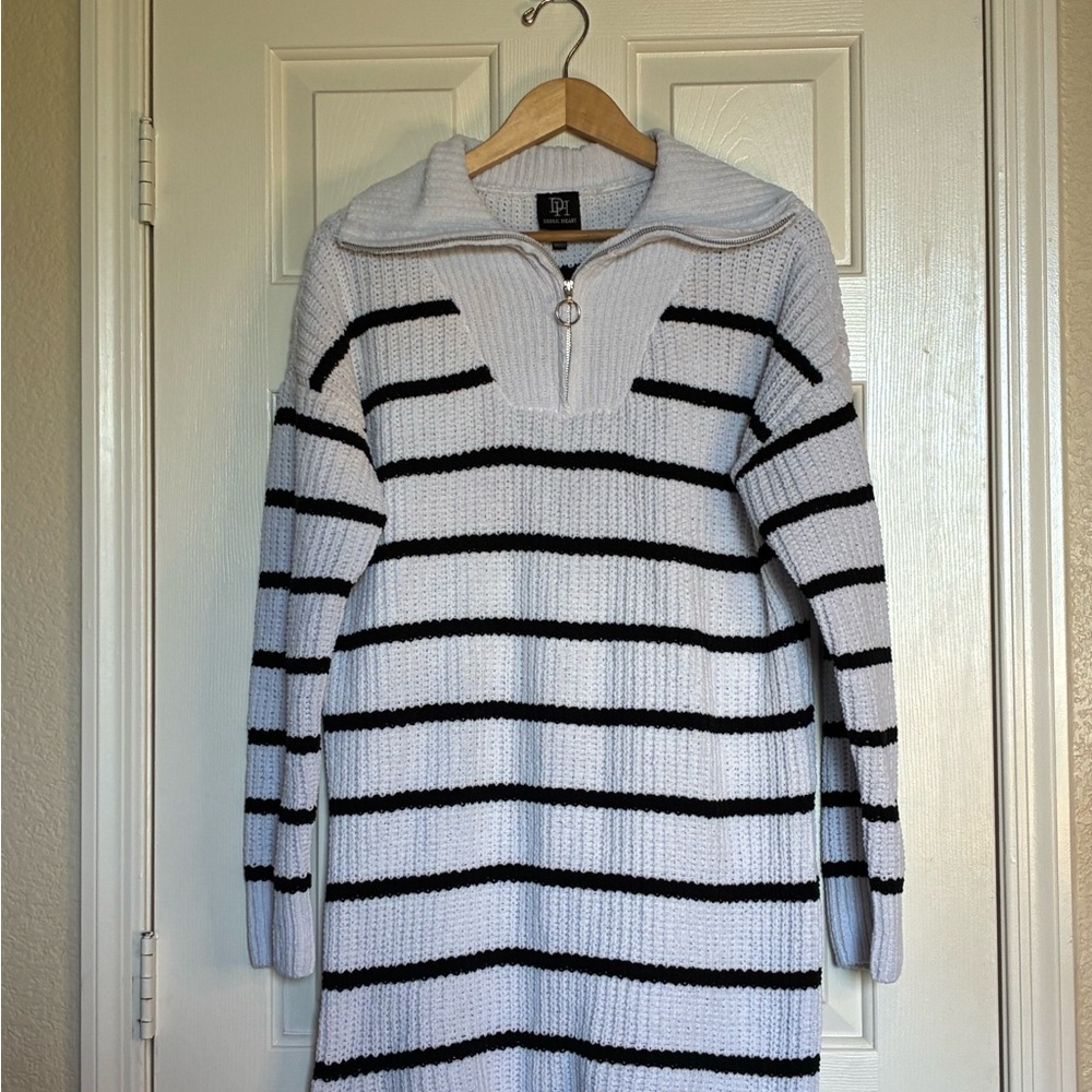 Derek Heart Black and White Striped Turtleneck Sweater
